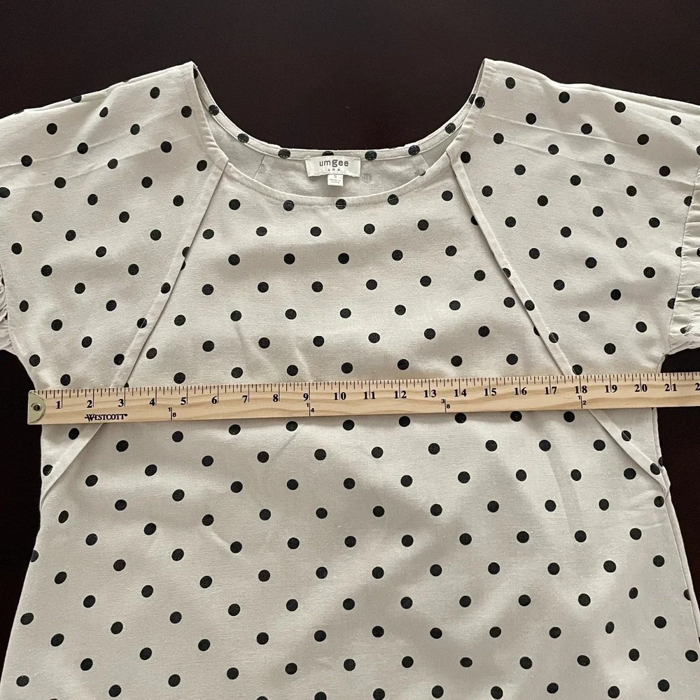 Umgee Linen Cotton Polka Dot Boxy Top Ivory Size S Canvas Fringe Twee Oversized - Picture 11 of 12